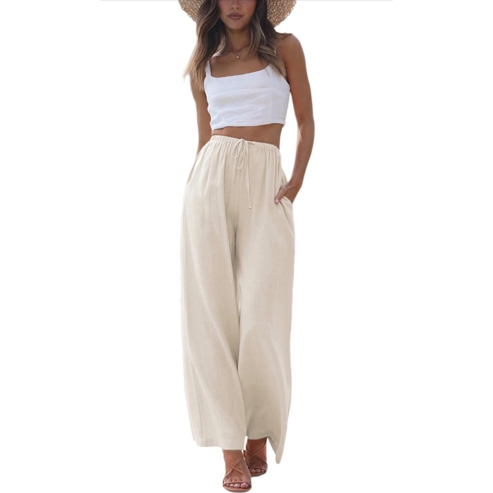 Faleave Cream Linen Blend Wide Leg Fisherman Drawstring Beach Pants Small NWT